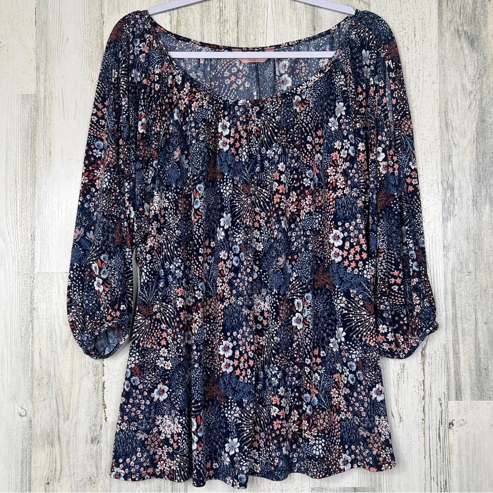 Amana Floral Shirt Blouse Women’s 2X Jersey Stretch Spring Flowy Lightweight Top